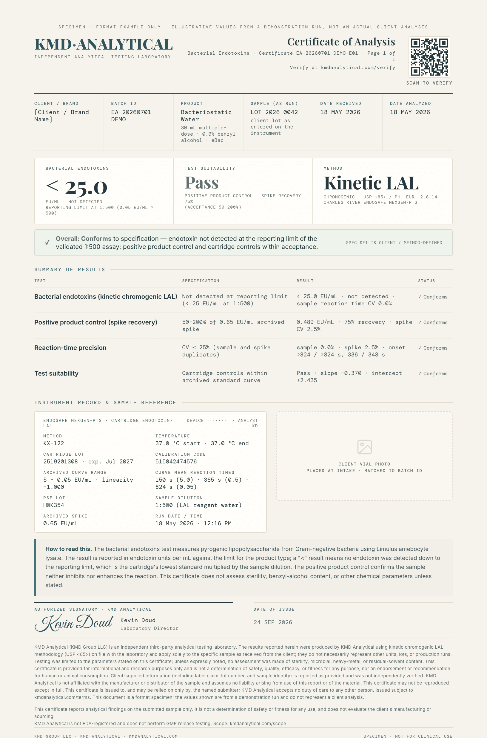 Format specimen of a KMD Analytical bacterial endotoxins certificate: result in EU/mL, test suitability, method, instrument record and a QR code to verify.