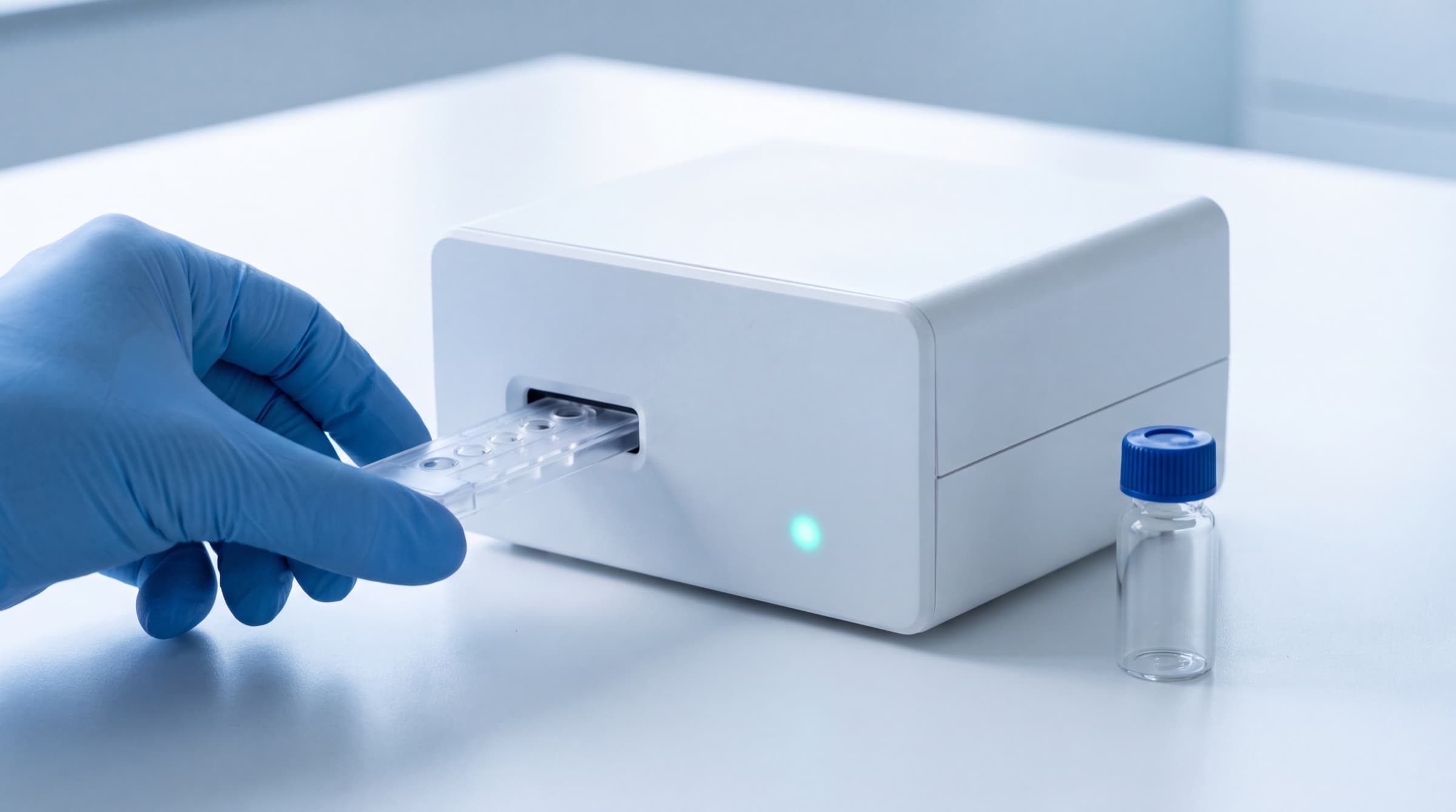 Illustration: a gloved hand slides a four-well test cartridge into a compact white endotoxin reader, a blue-capped vial beside it.
